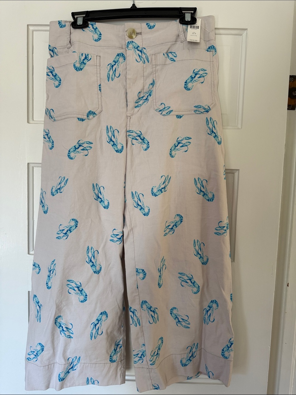 Maeve by Anthropologie Wide-Leg Pants in Light Beige with Blue Lobster print